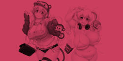 Rule 34 | 2girls, bikini, bracelet, breasts, cleavage, food, french fries, burger, headphones, headphones around neck, highres, huge breasts, jewelry, large breasts, long hair, looking at viewer, monochrome, multiple girls, navel, necklace, nitroplus, official art, open mouth, plump, ring, short hair, short shorts, shorts, simple background, smile, stuffed animal, stuffed toy, super pochaco, super sonico, swimsuit, teddy bear, tsuji santa, twintails, v
