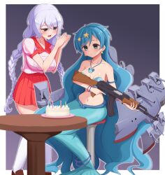 Rule 34 | 2girls, :d, absurdres, ak-47, armlet, assault rifle, avrora (azur lane), azur lane, bare shoulders, bead tail ornament, birthday cake, blue eyes, blue hair, blue tail, blush, bracelet, braid, breasts, buttons, cake, cleavage, closed mouth, collarbone, commentary request, commission, cosplay, crossover, double-breasted, earrings, food, full body, groin, gun, hair between eyes, hair ornament, highres, holding, holding gun, holding weapon, houshou hanon, houshou hanon (cosplay), houshou hanon (mermaid), jewelry, kalashnikov rifle, kneehighs, large breasts, loafers, long hair, looking at another, medium breasts, mermaid, mermaid melody pichi pichi pitch, monster girl, mujin (mujinzairaisen), multiple girls, navel, necklace, open mouth, own hands together, pearl bracelet, pink shirt, pixiv commission, pleated skirt, red sailor collar, red skirt, rifle, rigging, sailor collar, school uniform, shell, shell bikini, shell necklace, shirt, shoes, sidelocks, sitting, skirt, smile, smokestack, socks, standing, star (symbol), star earrings, star hair ornament, stomach, stool, table, turret, twin braids, very long hair, weapon, white hair, white socks