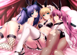 Rule 34 | 3girls, ahoge, all fours, alternate costume, animal ears, aqua eyes, ass, bare shoulders, bed, bikini, black footwear, black leotard, black ribbon, black skirt, blonde hair, blue eyes, blue hair, bow, breasts, brown eyes, curtains, embarrassed, enmaided, eyelashes, eyes visible through hair, fake animal ears, fang, feet out of frame, fine fabric emphasis, fishnet thighhighs, fishnets, frilled bikini, frilled skirt, frilled thighhighs, frills, frown, furrowed brow, futaki kanata, garter straps, girl sandwich, gun, hair between eyes, hair bobbles, hair bow, hair ornament, hair ribbon, half updo, handgun, head tilt, highres, jacket, leotard, lips, little busters!, long hair, looking at viewer, lying, maid, mary janes, medium breasts, midriff, miniskirt, multiple girls, naughty face, non-web source, nontraditional playboy bunny, off shoulder, on back, on bed, on stomach, open mouth, orange eyes, pantyhose, parted lips, pillow, playboy bunny, profile, purple hair, rabbit ears, rabbit tail, ribbon, sandwiched, sasasegawa sasami, seductive smile, shiny clothes, shiny skin, shoes, short ponytail, shy, side ponytail, skirt, smile, sweat, swimsuit, tail, thighhighs, thighs, tokido saya, tongue, tongue out, torn clothes, torn pantyhose, twintails, two side up, v-shaped eyebrows, very long hair, weapon, white jacket, white thighhighs, white wrist cuffs, wrist cuffs, zen (kamuro)