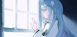 Rule 34 | 1girl, blue eyes, blue hair, blunt bangs, closed mouth, commentary request, from side, hair ornament, hand on window, hand up, highres, indie virtual youtuber, indoors, key visual, long hair, long sleeves, looking ahead, official art, profile, promotional art, solo, somunia, upper body, virtual youtuber, window, yorunogumo