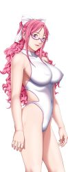 Rule 34 | 1girl, breasts, game cg, glasses, hair ribbon, kusukawa suzune, large breasts, legs, long hair, looking at viewer, p/a: potential ability, pink eyes, pink hair, ribbon, sei shoujo, simple background, smile, solo, standing, swimsuit, thighs, white background