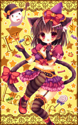 Rule 34 | 1girl, :d, absurdres, animal ears, bad id, bad pixiv id, bat hair ornament, black hair, breasts, candy, cat ears, cat tail, cleavage, food, frilled skirt, frills, garter straps, hair ornament, halloween, hat, highres, jack-o&#039;-lantern, kouta., lollipop, looking at viewer, medium breasts, navel, open mouth, original, red eyes, ribbon, short hair, skirt, smile, striped clothes, striped legwear, striped thighhighs, tail, tail ornament, tail ribbon, thighhighs, witch hat