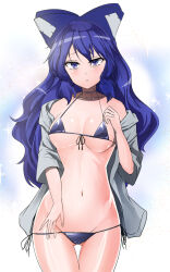Rule 34 | 1girl, bikini, blue bikini, blue bow, blue eyes, blue hair, blush, bow, breasts, cleavage, closed mouth, collarbone, commentary request, cowboy shot, debt, grey shirt, groin, hair bow, highres, long hair, looking at viewer, medium breasts, navel, one-hour drawing challenge, open clothes, open shirt, shirt, solo, swimsuit, touhou, y2, yorigami shion