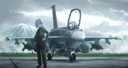 Rule 34 | 1girl, aircraft, airplane, black footwear, blue hair, closed mouth, cloud, cloudy sky, commentary request, commission, f-16 fighting falcon, fighter jet, grass, green eyes, hand on own hip, head tilt, helmet, heterochromia, highres, holding, holding helmet, jet, kama iruka, light blue hair, looking at viewer, military, military vehicle, mountain, original, pilot helmet, pilot suit, red eyes, shadow, shoes, short hair, skeb commission, sky, solo, standing, vehicle focus, wide shot
