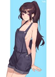 Rule 34 | 1girl, absurdres, artist name, bare arms, bare shoulders, breasts, brown hair, cleavage, closed mouth, collarbone, cowboy shot, fushe, highres, long hair, looking at viewer, medium breasts, naked overalls, original, overalls, ponytail, purple eyes, smile, solo, two-tone background