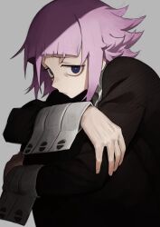 1other absurdres blunt_bangs closed_mouth crona_(soul_eater) grey_background highres knees_to_chest knees_up long_sleeves looking_at_viewer other_focus p_(pm_611a) pink_hair short_hair simple_background sleeve_cuffs solo soul_eater squatting