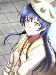 Rule 34 | 1girl, artist name, artist request, bag, beret, blue hair, blush, breasts, brown eyes, close-up, female focus, floating hair, hair between eyes, handbag, hat, highres, jacket, long hair, looking at viewer, love live!, love live! school idol project, parted lips, shoulder bag, smile, solo, sonoda umi, upper body, wavy hair, white hat, white jacket, yellow eyes