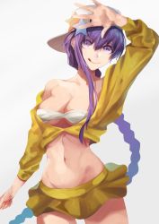 Rule 34 | bare legs, bare shoulders, bb (fate), bb (fate) (all), bb (swimsuit mooncancer) (fate), bb (swimsuit mooncancer) (first ascension) (fate), braid, braided ponytail, breasts, coat, collarbone, eyebrows hidden by hair, fate/grand order, fate (series), hat, herigaru (fvgyvr000), highres, large breasts, long hair, peaked cap, purple eyes, purple hair, simple background, skirt, smile, solo, stomach, swimsuit, tongue, tongue out, white background