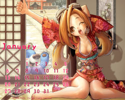 Rule 34 | blush, breasts, calendar, japanese clothes, kimono, long hair, open clothes, open shirt, shirt, yukata