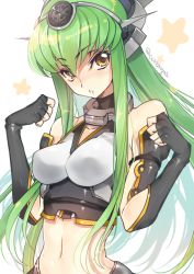 Rule 34 | 1girl, :o, arrow (symbol), bare shoulders, black gloves, blush, breasts, c.c., clenched hands, code geass, collar, collarbone, cosplay, covered erect nipples, creayus, crop top, elbow gloves, female focus, fingerless gloves, gloves, green hair, headgear, impossible clothes, impossible shirt, kantai collection, long hair, looking at viewer, medium breasts, midriff, nagato (kancolle), nagato (kancolle) (cosplay), navel, open mouth, shiny skin, shirt, sleeveless, solo, star (symbol), stomach, straight hair, tsurime, twitter username, underbust, upper body, very long hair, yellow eyes