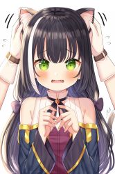 Rule 34 | 1girl, animal ear fluff, animal ears, black hair, blue sleeves, blush, cat ears, cat girl, cat tail, detached sleeves, dress, embarrassed, eyebrows, green eyes, hand on another&#039;s ear, highres, karyl (princess connect!), long hair, low twintails, mizukoshi (marumi), multicolored hair, open mouth, princess connect!, simple background, sleeveless, sleeveless dress, streaked hair, tail, tail raised, touching ears, twintails, white background, white hair