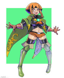 Rule 34 | 1girl, alternate costume, arms up, belt, black hair, black thighhighs, bob cut, boots, breasts, brown gloves, cape, creatures (company), game freak, gardenia (pokemon), gloves, green background, green footwear, highres, medium breasts, midriff, navel, nintendo, oomasa teikoku, open mouth, orange eyes, orange hair, pokemon, pokemon dppt, short hair, short shorts, shorts, skindentation, smile, solo, thigh boots, thighhighs