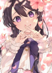Rule 34 | 1girl, black hair, blurry, blurry background, blurry foreground, blush, bow, commentary request, copyright request, covered mouth, depth of field, flower, hair between eyes, hands up, head tilt, hu kotora, long hair, long sleeves, looking at viewer, nail polish, petals, pink flower, purple bow, purple eyes, red nails, shirt, sleeves past wrists, solo, white shirt, x fingers