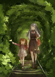 Rule 34 | 2girls, aged down, artist name, bag, bow, brown dress, brown footwear, brown hair, closed mouth, dress, closed eyes, forest, girls&#039; frontline, grey hair, hair bow, hei chuan gui, highres, holding, jacket, long hair, multiple girls, nature, neck ribbon, open mouth, pink bow, pink jacket, red bag, red ribbon, ribbon, running, scar, scar across eye, scar on face, shirt, shoes, smile, twintails, ump45 (girls&#039; frontline), ump9 (girls&#039; frontline), white shirt