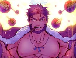 Rule 34 | 1boy, bara, bare pectorals, beard, cigar, ded (housamo), dog tags, facial hair, floating, floating object, forked eyebrows, gun, halo, jacket, jewelry, looking at viewer, male focus, mature male, muscular, muscular male, necklace, nipples, open clothes, open jacket, pectorals, santa costume, short hair, snowflakes, solo, tokyo houkago summoners, touoh, upper body, weapon