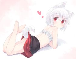 Rule 34 | 1girl, aged down, animal ear fluff, animal ears, ass, bare shoulders, barefoot, black skirt, gradient background, hair between eyes, heart, highres, inubashiri momiji, kibisake, looking at viewer, lying, miniskirt, on stomach, pink background, red eyes, sarashi, skirt, solo, tail, the pose, thick eyebrows, touhou, white background, white hair, wolf ears, wolf tail