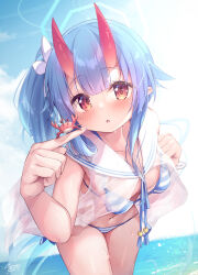 Rule 34 | 1girl, :o, beach, bikini, blue archive, blue bikini, blue hair, blue halo, blush, breasts, chise (blue archive), chise (swimsuit) (blue archive), collarbone, crab, e-note, halo, highres, horns, long hair, looking at viewer, loose bikini, nose blush, official alternate costume, oni, oni horns, outdoors, parted lips, pink eyes, ribbon, sailor bikini, sailor collar, side ponytail, small breasts, solo, squatting, striped bikini, striped clothes, swimsuit, thighs, toes, upper body, very long hair, water, white ribbon, white sailor collar, wrist ribbon
