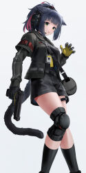 Rule 34 | 1girl, :o, absurdres, animal ears, arknights, bag, black bag, black gloves, black jacket, black shirt, black shorts, black socks, black tail, cat ears, cat girl, cat tail, eyes visible through hair, feet out of frame, gloves, green eyes, grey background, gun, handgun, headset, highres, holding, holding gun, holding weapon, jacket, jessica (arknights), knee pads, kneehighs, lanyard, layered sleeves, light blush, long sleeves, looking at viewer, microphone, multicolored hair, open clothes, open jacket, open mouth, pink hair, purple hair, shirt, short hair, short over long sleeves, short sleeves, shorts, shoulder bag, simple background, single knee pad, socks, solo, standing, sthk, streaked hair, tail, trigger discipline, weapon, yellow gloves