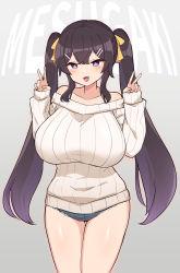 Rule 34 | 1girl, :d, breasts, bright pupils, brown hair, choujiroo, cowboy shot, double v, fang, hair ornament, hair ribbon, hairclip, highres, large breasts, long hair, micro shorts, off-shoulder sweater, off shoulder, omori minori, open mouth, original, purple eyes, ribbed sweater, ribbon, shorts, sleeves past wrists, smile, solo, sweater, thighhighs, twintails, v, very long hair, white sweater