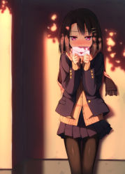 Rule 34 | 1girl, against wall, bad id, bad nicoseiga id, black hair, black pantyhose, blazer, blush, cardigan, covered mouth, covering own mouth, cowboy shot, embarrassed, hair ornament, hairclip, jacket, kinta (distortion), legs together, letter, long sleeves, looking at viewer, love letter, original, outdoors, pantyhose, pink eyes, scarf, school uniform, shade, short hair, shy, skirt, solo, standing, tsurime