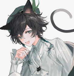 Rule 34 | 1boy, animal ears, beret, black hair, blue hair, braid, cat boy, cat day, cat ears, cat tail, fangs, genshin impact, green eyes, green hat, grey background, hair between eyes, hat, long sleeves, looking at viewer, male focus, multicolored hair, open mouth, shirt, side braid, simple background, solo, tail, twitter username, ueauwa, venti (genshin impact), white shirt