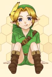 Rule 34 | 1boy, blonde hair, blue eyes, blush, boots, child, honey, licking lips, link, lips, looking at viewer, male focus, nintendo, pointy ears, shorts, sitting, solo, spread legs, tagme, the legend of zelda, tongue, tongue out, young link