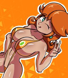 Rule 34 | 1girl, absurdres, bikini, blue eyes, blush, breasts, brown hair, cleavage, covered erect nipples, curvy, earrings, hand on own hip, highres, jewelry, large breasts, legs, long hair, mario (series), navel, nintendo, one eye closed, princess daisy, robvemoo, slingshot swimsuit, smile, solo, super mario land, swimsuit, thighs, tongue, tongue out, v, wink