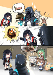 Rule 34 | &gt; o, + +, 1boy, 3koma, 4girls, ^ ^, akashi (azur lane), amiya (arknights), animal ears, arknights, azur lane, bed, biting, black hair, rabbit ears, closed eyes, closure (arknights), comic, commentary, credit card, crossover, crying, doctor (arknights), emphasis lines, closed eyes, gem, grey hair, hm (hmongt), holding, hood, hooded jacket, jacket, lappland (arknights), long hair, multiple girls, notice lines, one eye closed, open clothes, open jacket, rabbit girl, red eyes, red gemstone, shaded face, shirt, silent comic, smile, sparkling eyes, stuffed animal, stuffed rabbit, stuffed toy, sweatdrop, thought bubble, white shirt, yen sign