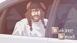 Rule 34 | 1girl, animal ears, beard, black hat, braid, breaking bad, brown hair, car, commentary, dog ears, english commentary, facial hair, glasses, hat, highres, hololive, hololive grand theft auto, inugami korone, kukie-nyan, long hair, looking at viewer, meme, motor vehicle, open mouth, parody, shirt, sitting, solo, twin braids, virtual youtuber, walter white, walter white screaming in car (meme), white shirt