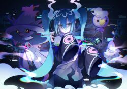 Rule 34 | 1girl, aqua hair, creatures (company), detached sleeves, drifloon, dusk ball, fire, game freak, gen 4 pokemon, gen 5 pokemon, ghost, ghost miku (project voltage), glitch, grey shirt, hair between eyes, hatsune miku, highres, kanvien, litwick, long hair, looking at viewer, mismagius, nintendo, pale skin, poke ball, pokemon, pokemon (creature), project voltage, see-through, see-through skirt, shirt, skirt, sleeves past fingers, sleeves past wrists, twintails, very long hair, vocaloid, will-o&#039;-the-wisp (mythology), yellow eyes