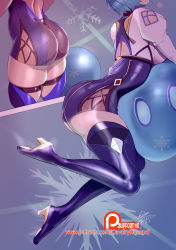 Rule 34 | 1girl, 1other, ass, ass focus, blue hair, boots, breasts, cavalry (maslow), eula (genshin impact), from behind, genshin impact, head out of frame, heart, high heel boots, high heels, huge ass, large breasts, leotard, monster, shiny, shiny clothes, shiny hair, shiny skin, short hair, short shorts, shorts, sideboob, slime, thigh boots, thighhighs