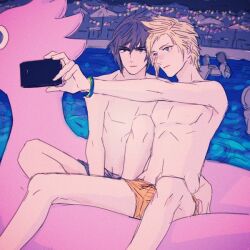 2boys bare_shoulders black_hair black_male_underwear blonde_hair blue_eyes bracelet cellphone closed_mouth commentary_request feet_out_of_frame final_fantasy final_fantasy_xv hair_between_eyes hand_on_another&#039;s_waist holding holding_phone inflatable_raft iphone jewelry male_focus male_swimwear male_underwear mi_(scissortropical) multiple_boys noctis_lucis_caelum orange_male_swimwear pectorals phone pool prompto_argentum selfie short_hair sitting smartphone string_lights swim_trunks topless_male umbrella underwear water yaoi