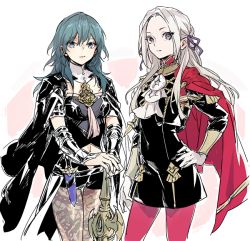 Rule 34 | 2girls, armor, ascot, axe, blonde hair, blue eyes, blue hair, blush, breasts, byleth (female) (fire emblem), byleth (fire emblem), cape, edelgard von hresvelg, fire emblem, fire emblem: three houses, garreg mach monastery uniform, gloves, hair ornament, hair ribbon, heroes relic (fire emblem), koto (gamelife506), long hair, looking at viewer, medium hair, multiple girls, nintendo, pantyhose, red cape, ribbon, short hair, shorts, simple background, smile, sword of the creator, uniform, upper body, white background