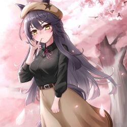 Rule 34 | 1girl, absurdres, alternate costume, animal ears, bandaid, bandaid on face, bandaid on nose, black hair, black shirt, blush, bow, breasts, brown headwear, brown skirt, cherry blossoms, collared shirt, commentary request, cowboy shot, ears through headwear, hanami, highres, horse ears, horse girl, horse tail, large breasts, long hair, long sleeves, looking at viewer, mouth hold, narita brian (umamusume), outdoors, pink bow, shinonome (shinonome rynn), shirt, skirt, solo, stalk in mouth, tail, umamusume, yellow eyes