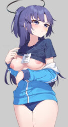 Rule 34 | absurdres, black buruma, black shirt, blue archive, blue buruma, blue jacket, blush, breasts, breasts out, buruma, clothes lift, gym shirt, gym uniform, halo, highres, id card, jacket, jacket partially removed, lifting own clothes, long hair, looking to the side, medium breasts, nipples, official alternate costume, partially unzipped, pizza (pizzania company), shirt, shirt lift, simple background, star sticker, sticker, sticker on face, track jacket, yuuka (blue archive), yuuka (track) (blue archive)