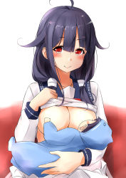 Rule 34 | 10s, 1girl, ahoge, baby, black hair, blush, breastfeeding, breasts, commentary request, hair flaps, highres, kantai collection, large breasts, long hair, looking at viewer, red eyes, saku (kudrove), school uniform, serafuku, taigei (kancolle)