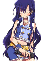 Rule 34 | 1girl, bare shoulders, blue hair, blush, closed eyes, female focus, idolmaster, idolmaster (classic), jewelry, ka-no, kisaragi chihaya, long hair, microphone, midriff, navel, necklace, simple background, skirt, smile, solo, sweat, very long hair, white background, wrist cuffs