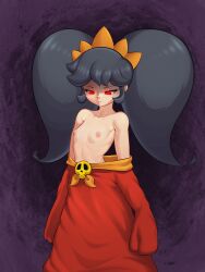 Rule 34 | 1girl, absurdres, arms at sides, ashley (warioware), big hair, black hair, breasts, breasts out, closed mouth, clothes down, collarbone, dress, eyelashes, female focus, flat chest, hairband, highres, long dress, long hair, long sleeves, looking down, nintendo, nipples, no pupils, orange hairband, red dress, red eyes, sidelocks, sleepiitreat, solo, standing, twintails, warioware