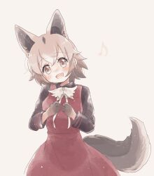 Rule 34 | absurdres, animal ears, black shirt, blush, bow, bowtie, brown eyes, brown gloves, brown hair, collared shirt, commentary request, dog ears, dog girl, dog tail, dress, extra ears, gloves, highres, kemono friends, kuromitsu (9633 kmfr), long sleeves, multicolored hair, musical note, new guinea highland wild dog (kemono friends), open mouth, red dress, shirt, short hair, smile, tail, upper body, white bow, white bowtie