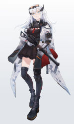 Rule 34 | 1girl, absurdres, arm guards, arm strap, armor, as val, assault rifle, automatic rifle, black footwear, black thighhighs, blue eyes, boots, breasts, brown dress, camouflage cape, cape, cleavage cutout, closed mouth, clothing cutout, coat, cross-laced footwear, dress, expressionless, eyewear on head, floating hair, gas mask, gloves, gradient background, gun, hair between eyes, headgear, highres, holding, holding gun, holding weapon, integral suppressor, integrally-suppressed firearm, kachi, kalashnikov rifle, knee guards, lace-up boots, large breasts, long hair, looking at viewer, mask, mask around neck, neck ribbon, open clothes, open coat, original, red ribbon, ribbon, rifle, russian flag, sidelocks, silver hair, solo, suppressor, thigh strap, thighhighs, toz (tulsky oruzheiny zavod), trigger discipline, tsniitochmash, tula arms plant, unzipped, visor, weapon, wind, zipper