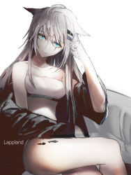 Rule 34 | 1girl, absurdres, animal ears, arknights, bandeau, bare shoulders, black jacket, blue eyes, character name, chinese commentary, commentary request, hair ornament, hairclip, highres, jacket, lappland (arknights), long hair, looking at viewer, mackia, material growth, off shoulder, oripathy lesion (arknights), partial commentary, scar, scar across eye, scar on face, silver hair, simple background, sitting, solo, strapless, thighs, tube top, white background, wolf ears