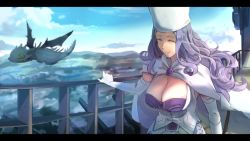 Rule 34 | 1girl, ^ ^, aircraft, airship, belinda, blue sky, breasts, cape, cleavage, closed eyes, closed mouth, day, dragon, elbow gloves, closed eyes, gloves, hat, hsin, large breasts, letterboxed, light purple hair, long hair, sky, smile, unlight, upper body, wavy hair, white gloves