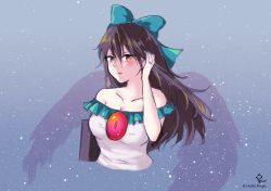 Rule 34 | 1girl, arm cannon, bird wings, blouse, blue background, blush, bow, breasts, brown eyes, brown hair, cleavage, collarbone, commentary request, control rod, feathered wings, frilled shirt, frills, green bow, hair bow, highres, hoshiringo0902, lips, long hair, medium breasts, one-hour drawing challenge, reiuji utsuho, shirt, solo, sparkle background, strapless, strapless shirt, third eye, touhou, upper body, weapon, white shirt, wings