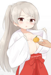 Rule 34 | 1girl, :o, blush, breasts, brown eyes, cleavage, commentary request, conte di cavour (kancolle), food, fruit, gradient background, grey background, grey hair, hair between eyes, hakama, japanese clothes, kantai collection, kimono, koeda (koeda1kg), large breasts, long hair, long sleeves, miko, official alternate costume, open clothes, open kimono, oppai loli, orange (fruit), parted lips, red hakama, signature, simple background, solo focus, sweat