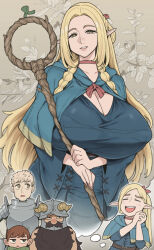 Rule 34 | 1girl, 3boys, aged up, alternate breast size, alternate hair length, alternate hairstyle, armor, beard, blonde hair, blue capelet, blue robe, blush, braid, breasts, capelet, chilchuck tims, choker, cleavage, closed eyes, covered erect nipples, detached hood, dreaming, dungeon meshi, dwarf, elf, eyelashes, facial hair, fake horns, grin, hair around ear, half-closed eyes, halfling, helmet, holding, holding staff, hood, hooded capelet, horned helmet, horns, huge breasts, imagining, laios touden, large breasts, leather armor, long beard, long hair, long sleeves, looking at viewer, marcille donato, mature female, multiple boys, multiple braids, open mouth, otogi tetsurou, plate armor, pointy ears, ponytail, robe, senshi (dungeon meshi), short hair, smile, staff, standing, taut clothes, thinking, thought bubble