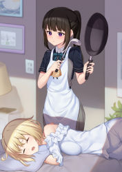 Rule 34 | 2girls, absurdres, apron, bed, black hair, blonde hair, breasts, closed eyes, drooling, electrical outlet, frying pan, highres, indoors, inoue takina, ladle, light blush, light switch, long hair, looking at another, lycoris recoil, lycoris uniform, medium breasts, messy hair, morning, multiple girls, nishikigi chisato, open mouth, pajamas, picture frame, pillow, pizza (pizzania company), plant, ponytail, purple eyes, sleeping, sunlight