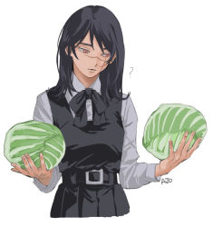 Rule 34 | 1girl, ?, ajo cnsw, black dress, black hair, black ribbon, cabbage, chainsaw man, collared shirt, cross scar, dress, facial scar, food, holding, holding food, holding vegetable, long hair, looking down, pinafore dress, red eyes, ribbon, ringed eyes, scar, scar on cheek, scar on face, shirt, simple background, sleeveless dress, solo, vegetable, white background, white shirt, yoru (chainsaw man)