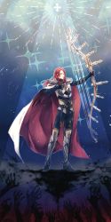 Rule 34 | 1boy, armor, bow (weapon), cape, cross, closed eyes, fate/grand order, fate (series), gloves, greaves, highres, long hair, male focus, outstretched arms, red hair, shioika, solo, sparkle, tristan (fate), weapon