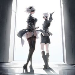 Rule 34 | 1boy, 1girl, 2b (nier:automata), 9s (nier:automata), back, black blindfold, black dress, blindfold, boots, breasts, cleavage, cleavage cutout, clothes lift, clothing cutout, collaboration, covered eyes, crossover, curvy, dress, feather-trimmed sleeves, floating clothes, game cg, gloves, goddess of victory: nikke, large breasts, long sleeves, nier:automata, nier (series), official art, shiny skin, short hair, shorts, skirt, skirt lift, thick thighs, thighhighs, thighhighs under boots, thighs, white hair, wide hips