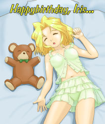 Rule 34 | 00s, 1girl, bed, bow, bowtie, breasts, closed eyes, indoors, iris chateaubriand, jean-paul, jean paul, lying, medium breasts, midriff, navel, open mouth, sakura taisen, see-through, sleeping, solo, stuffed animal, stuffed toy, teddy bear